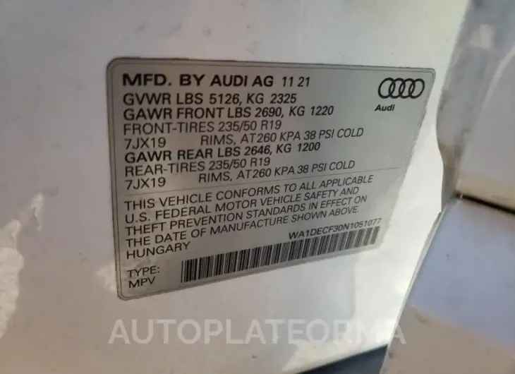 AUDI Q3 PREMIUM 2022 vin WA1DECF30N1051077 from auto auction Copart