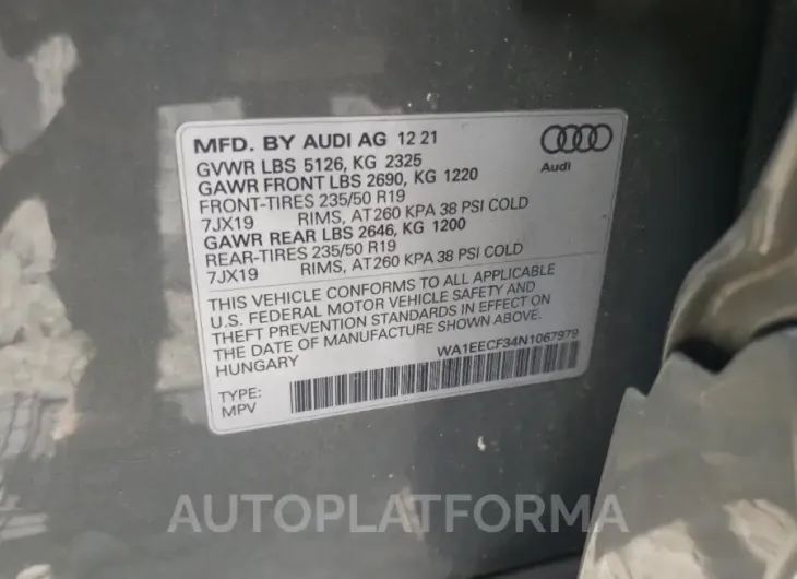 AUDI Q3 PREMIUM 2022 vin WA1EECF34N1067979 from auto auction Copart