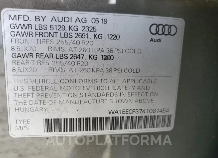 AUDI Q3 PREMIUM 2019 vin WA1EECF37K1067454 from auto auction Copart