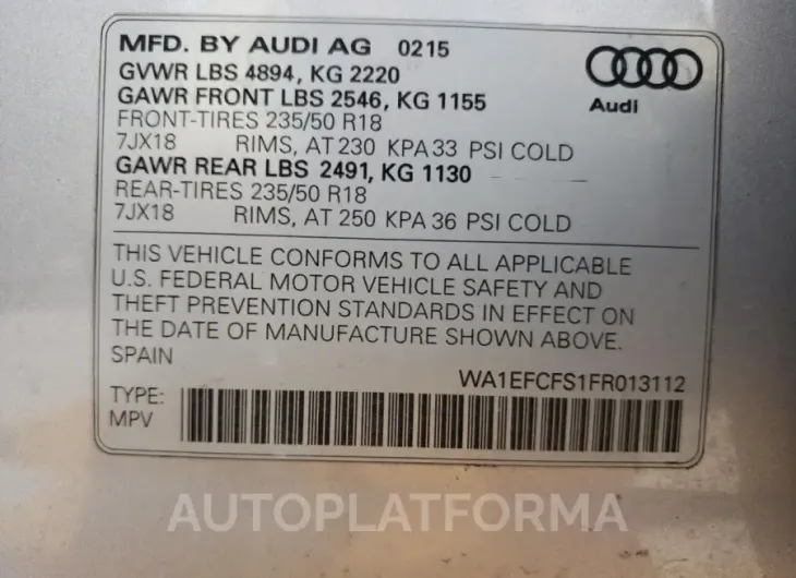 AUDI Q3 PREMIUM 2015 vin WA1EFCFS1FR013112 from auto auction Copart