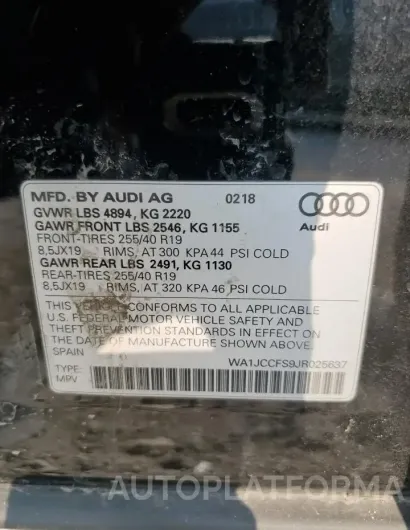 AUDI Q3 PREMIUM 2018 vin WA1JCCFS9JR025637 from auto auction Copart