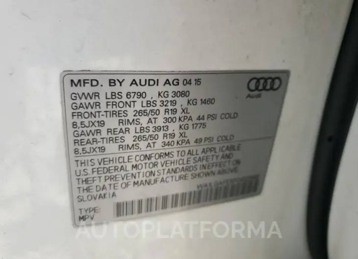 AUDI Q7 PREMIUM 2015 vin WA1LGAFE5FD022900 from auto auction Copart