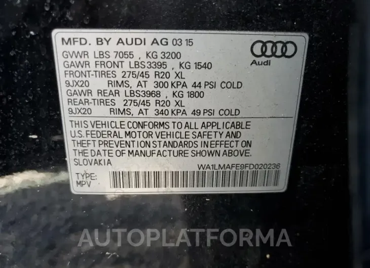 AUDI Q7 TDI PRE 2015 vin WA1LMAFE9FD020236 from auto auction Copart