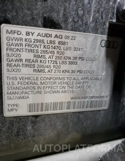 AUDI Q7 PREMIUM 2023 vin WA1LXBF73PD000516 from auto auction Copart