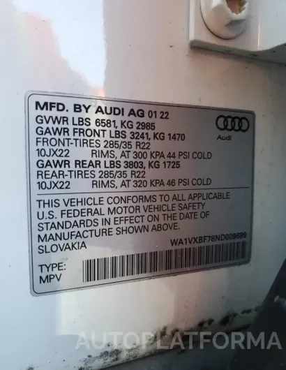 AUDI Q7 PRESTIG 2022 vin WA1VXBF78ND009699 from auto auction Copart