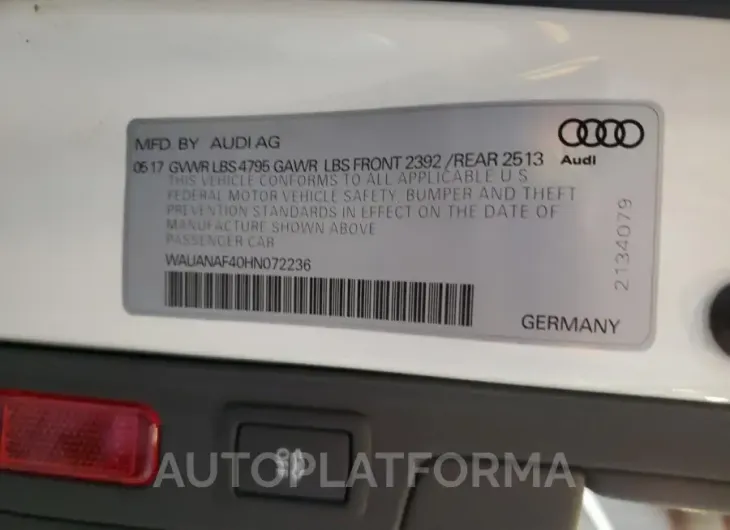 AUDI A4 PREMIUM 2017 vin WAUANAF40HN072236 from auto auction Copart