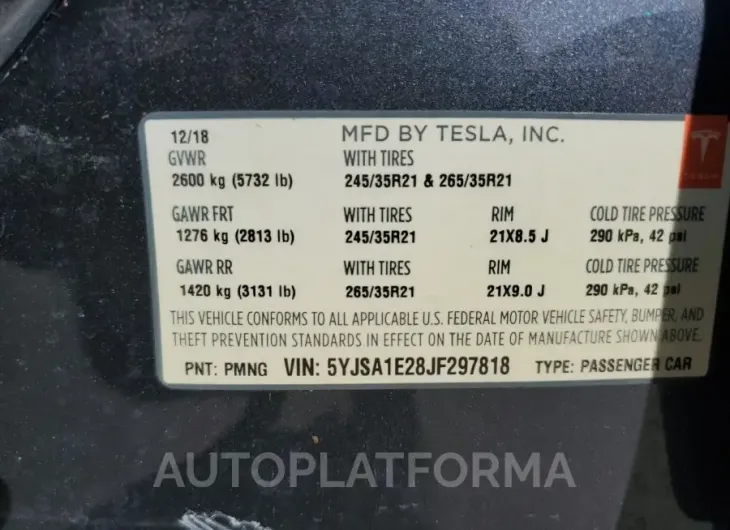 TESLA MODEL S 2018 vin 5YJSA1E28JF297818 from auto auction Copart