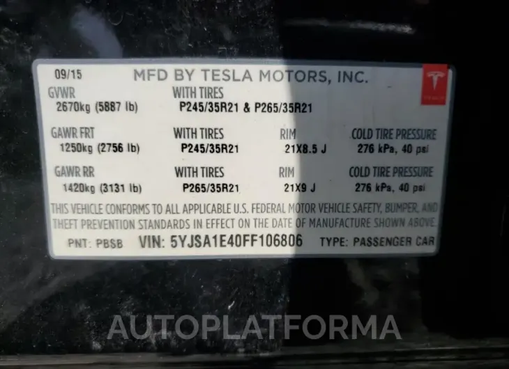 TESLA MODEL S 2015 vin 5YJSA1E40FF106806 from auto auction Copart