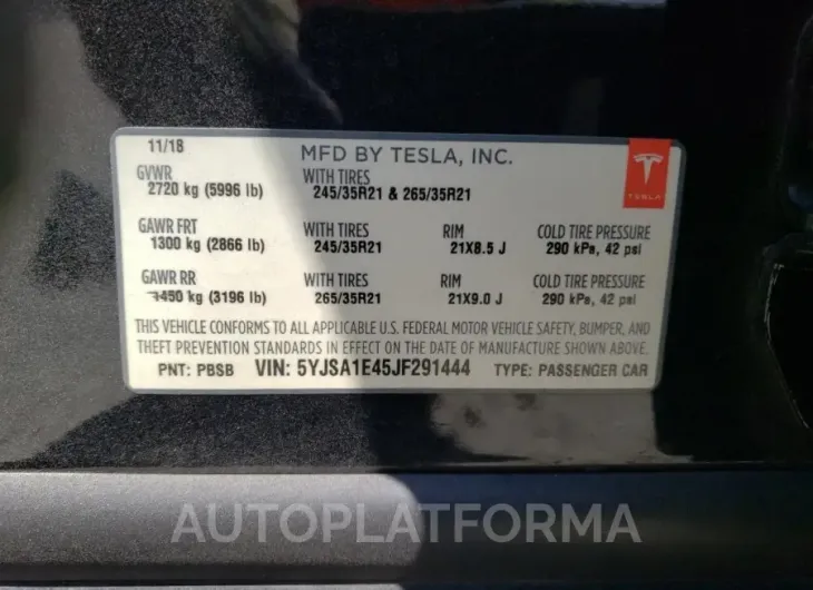 TESLA MODEL S 2018 vin 5YJSA1E45JF291444 from auto auction Copart