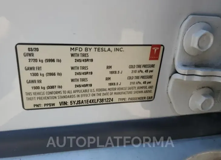 TESLA MODEL S 2020 vin 5YJSA1E4XLF381224 from auto auction Copart