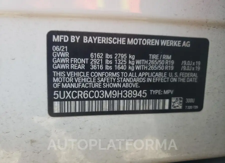 BMW X5 XDRIVE4 2021 vin 5UXCR6C03M9H38945 from auto auction Copart