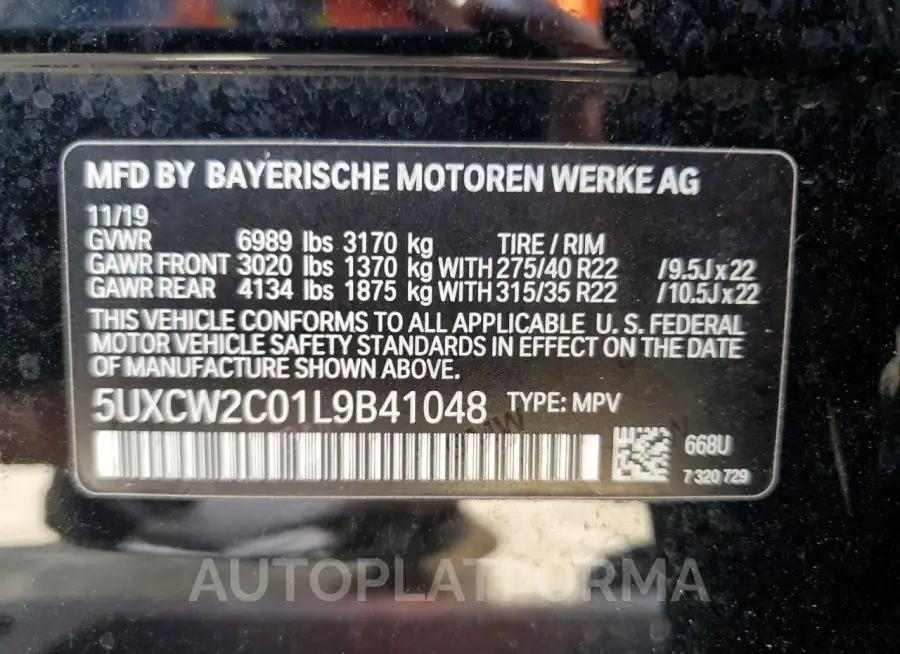 BMW X7 XDRIVE4 2020 vin 5UXCW2C01L9B41048 from auto auction Copart