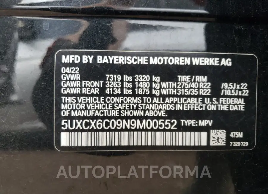 BMW X7 M50I 2022 vin 5UXCX6C09N9M00552 from auto auction Copart