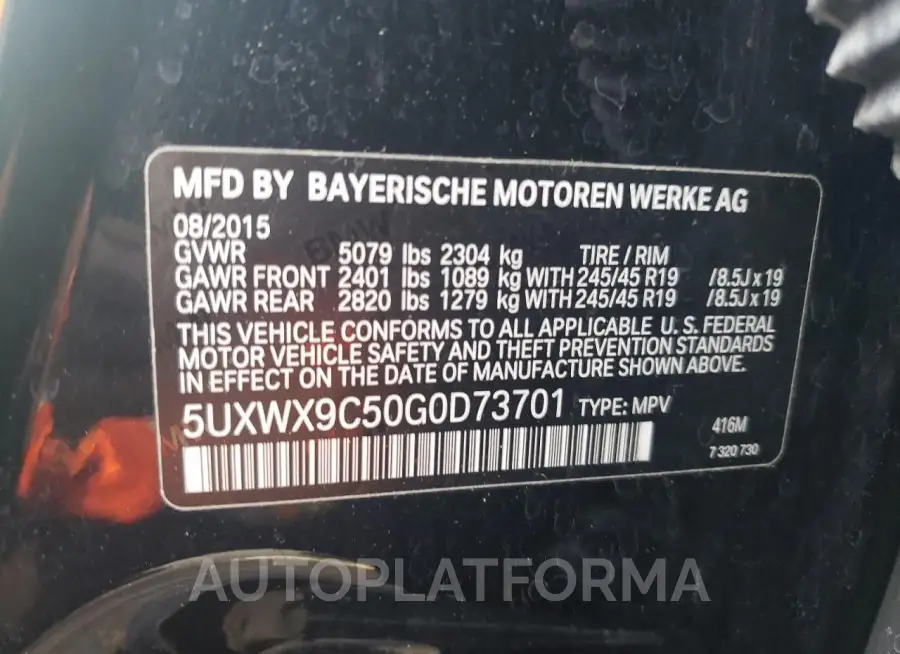 BMW X3 XDRIVE2 2016 vin 5UXWX9C50G0D73701 from auto auction Copart