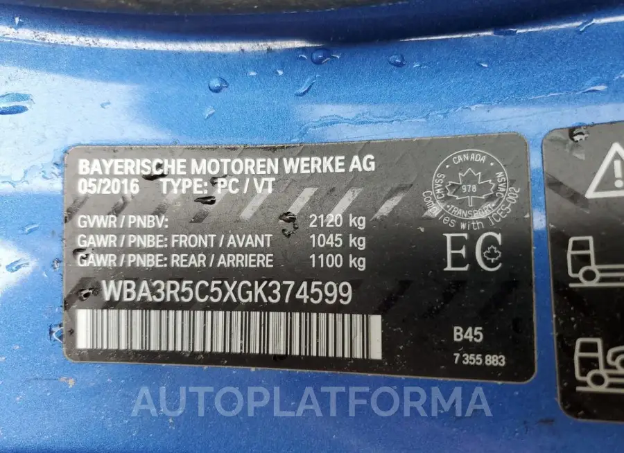 BMW 435 XI 2016 vin WBA3R5C5XGK374599 from auto auction Copart