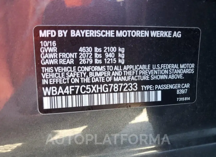 BMW 430I GRAN 2017 vin WBA4F7C5XHG787233 from auto auction Copart