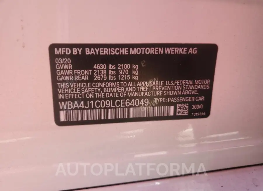 BMW 430I GRAN 2020 vin WBA4J1C09LCE64049 from auto auction Copart