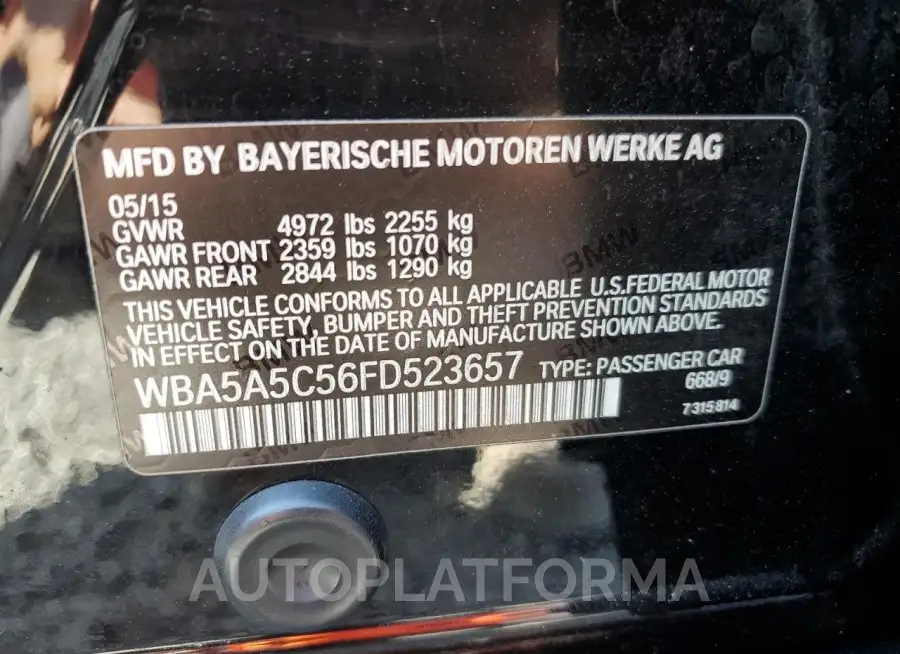 BMW 528 I 2015 vin WBA5A5C56FD523657 from auto auction Copart