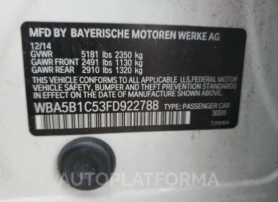 BMW 535 I 2015 vin WBA5B1C53FD922788 from auto auction Copart