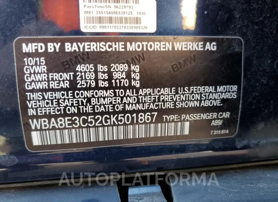 BMW 328 XI SUL 2016 vin WBA8E3C52GK501867 from auto auction Copart