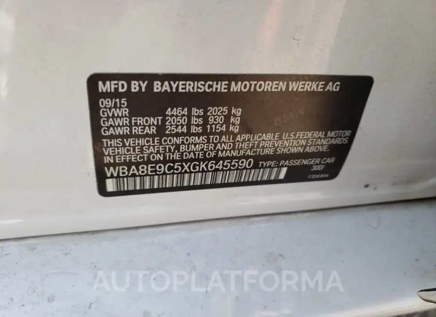 BMW 328 I SULE 2016 vin WBA8E9C5XGK645590 from auto auction Copart