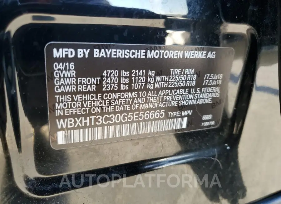 BMW X1 XDRIVE2 2016 vin WBXHT3C30G5E56665 from auto auction Copart