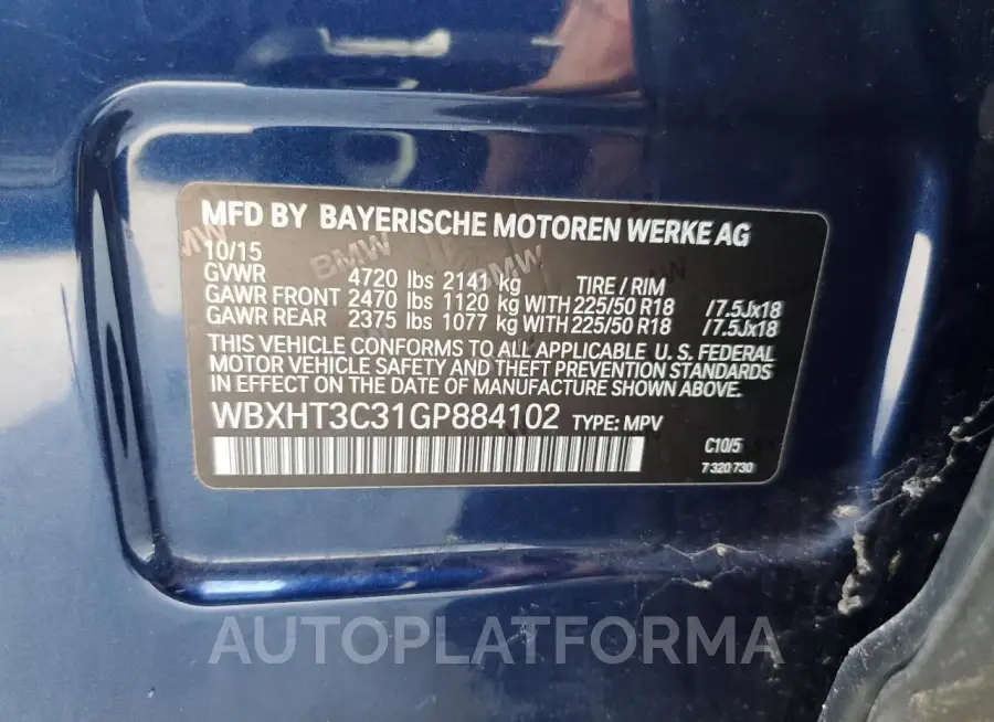 BMW X1 XDRIVE2 2016 vin WBXHT3C31GP884102 from auto auction Copart