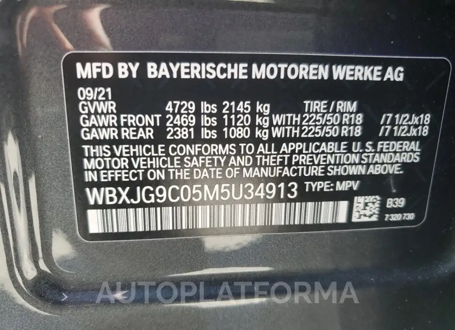 BMW X1 XDRIVE2 2021 vin WBXJG9C05M5U34913 from auto auction Copart