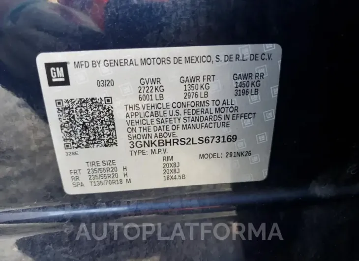 CHEVROLET BLAZER 2LT 2020 vin 3GNKBHRS2LS673169 from auto auction Copart