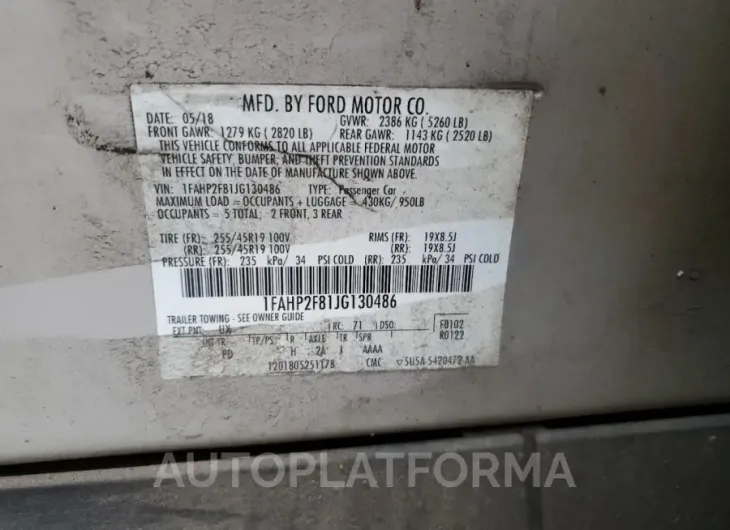 FORD TAURUS LIM 2018 vin 1FAHP2F81JG130486 from auto auction Copart