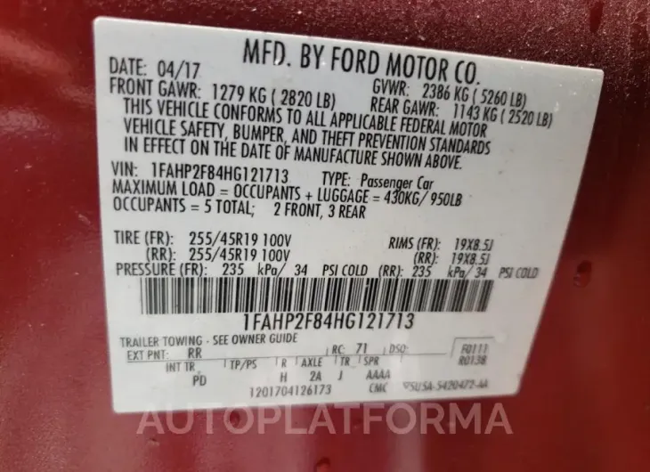 FORD TAURUS LIM 2017 vin 1FAHP2F84HG121713 from auto auction Copart