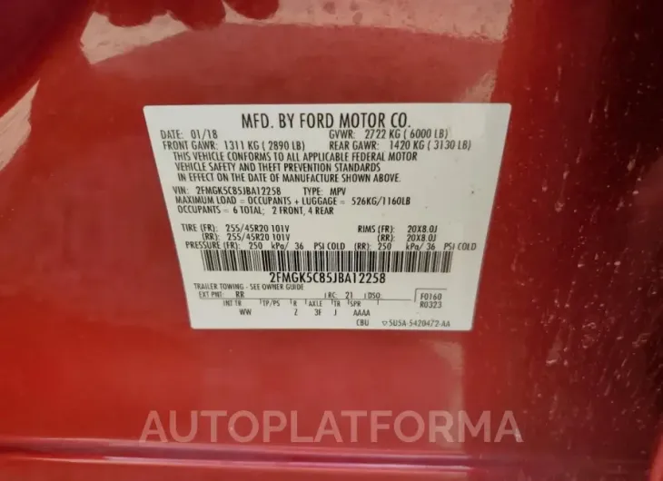 FORD FLEX SEL 2018 vin 2FMGK5C85JBA12258 from auto auction Copart