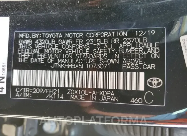 TOYOTA C-HR XLE 2020 vin JTNKHMBX5L1073071 from auto auction Copart