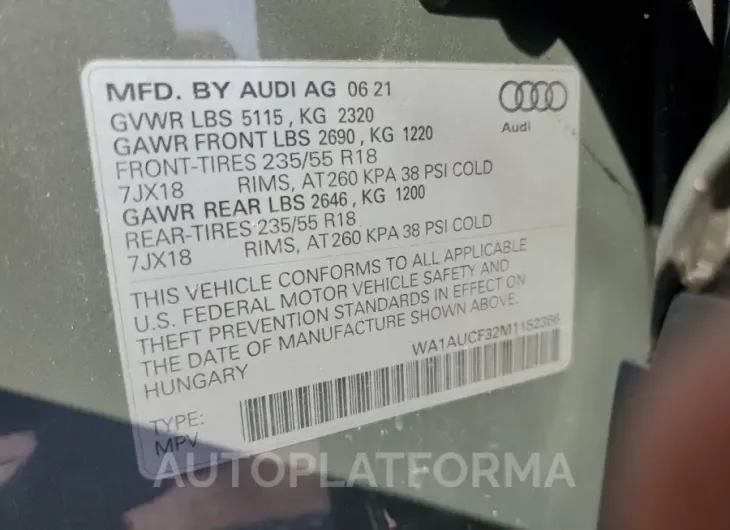 AUDI Q3 PREMIUM 2021 vin WA1AUCF32M1152366 from auto auction Copart