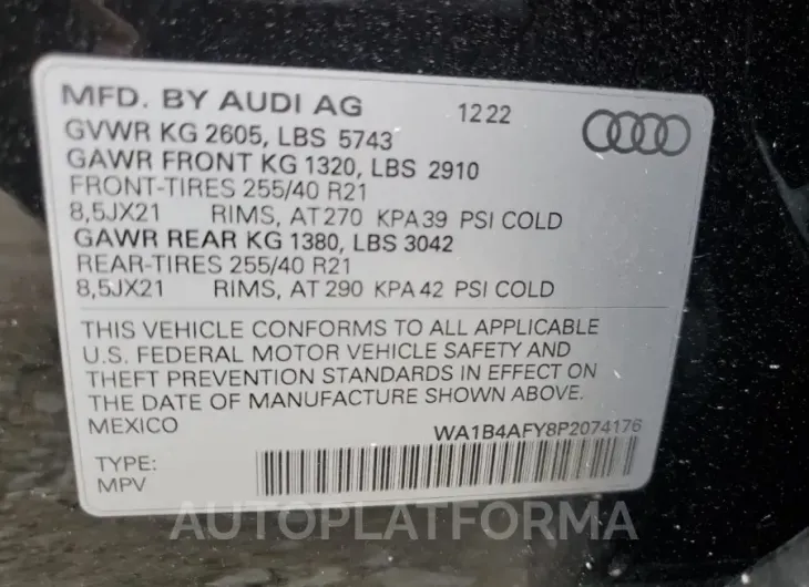 AUDI SQ5 PREMIU 2023 vin WA1B4AFY8P2074176 from auto auction Copart