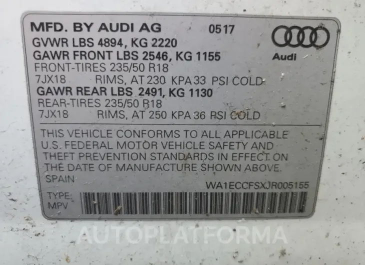 AUDI Q3 PREMIUM 2018 vin WA1ECCFSXJR005155 from auto auction Copart