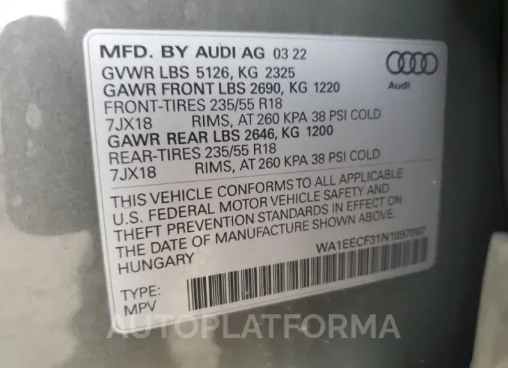 AUDI Q3 PREMIUM 2022 vin WA1EECF31N1097067 from auto auction Copart