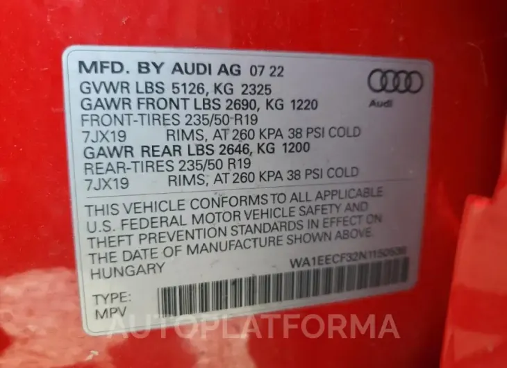 AUDI Q3 PREMIUM 2022 vin WA1EECF32N1150536 from auto auction Copart