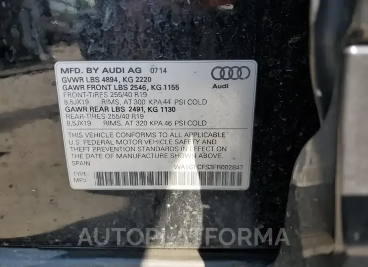 AUDI Q3 PRESTIG 2015 vin WA1GFCFS3FR002847 from auto auction Copart