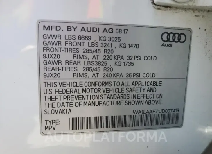 AUDI Q7 PREMIUM 2018 vin WA1LAAF71JD007418 from auto auction Copart