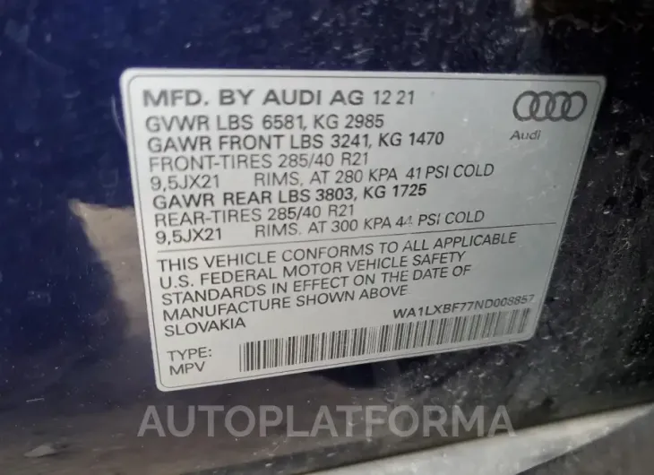 AUDI Q7 PREMIUM 2022 vin WA1LXBF77ND008857 from auto auction Copart