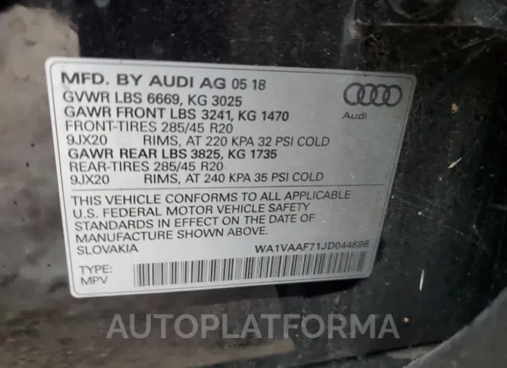 AUDI Q7 PRESTIG 2018 vin WA1VAAF71JD044896 from auto auction Copart