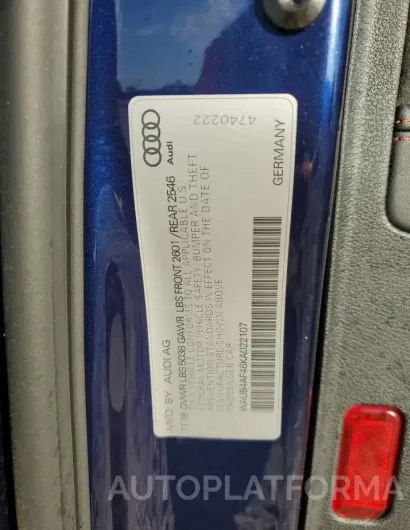 AUDI S4 PREMIUM 2019 vin WAUB4AF46KA022107 from auto auction Copart