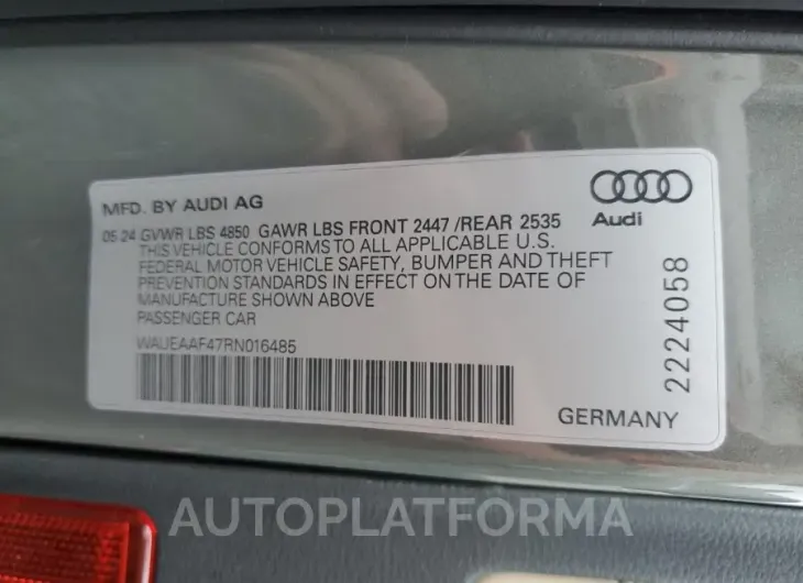 AUDI A4 PREMIUM 2024 vin WAUEAAF47RN016485 from auto auction Copart