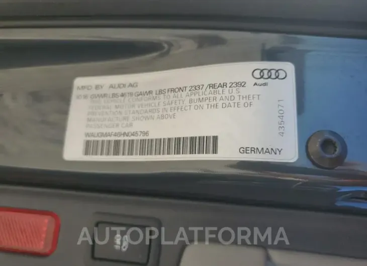 AUDI A4 ULTRA P 2017 vin WAUGMAF46HN045796 from auto auction Copart