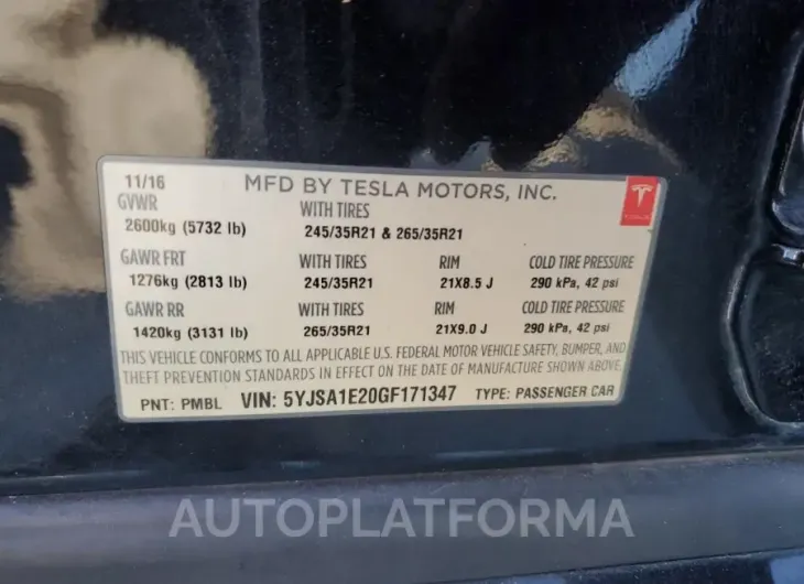 TESLA MODEL S 2016 vin 5YJSA1E20GF171347 from auto auction Copart