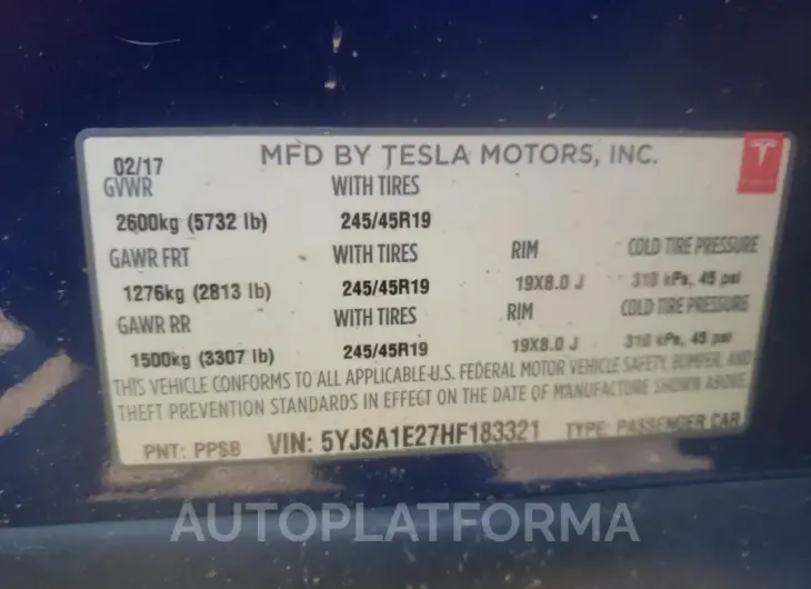 TESLA MODEL S 2017 vin 5YJSA1E27HF183321 from auto auction Copart