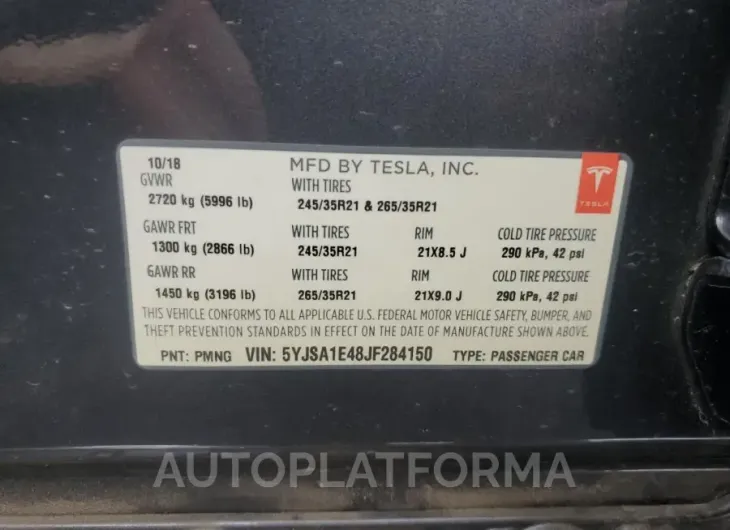 TESLA MODEL S 2018 vin 5YJSA1E48JF284150 from auto auction Copart