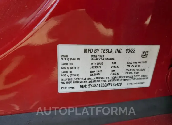 TESLA MODEL S 2022 vin 5YJSA1E50NF475429 from auto auction Copart