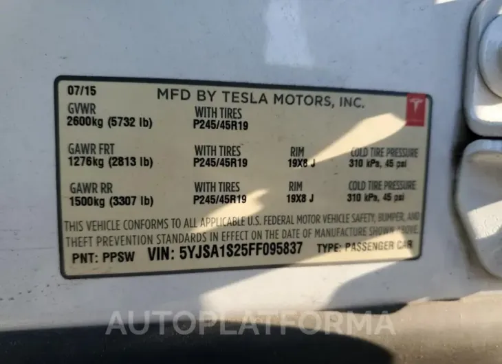 TESLA MODEL S 70 2015 vin 5YJSA1S25FF095837 from auto auction Copart